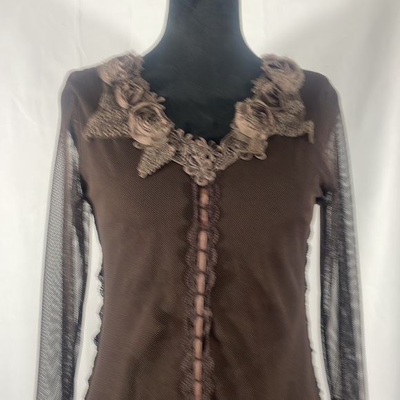 Pretty Angel Brown Dress,tunic dress, top,lace,floral design,sheer,ruffles,small - Picture 5 of 10